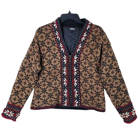 Vtg Icelandic Design Sweater Jacket Womens S Nordic Brown Multicolor Lined - Picture 14 of 15